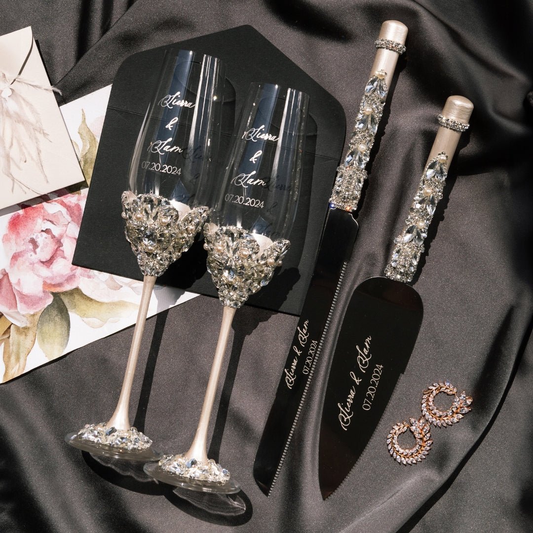 Wedding Glasses &amp; Cake Set Blossom Ivory With Pearls - ELENA HONCH