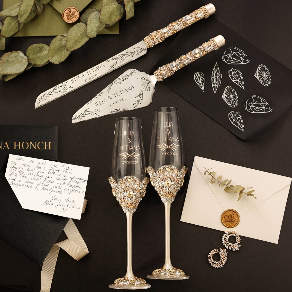 Wedding Glasses Ivory &amp; Gold Blossom with Cake Set - ELENA HONCH