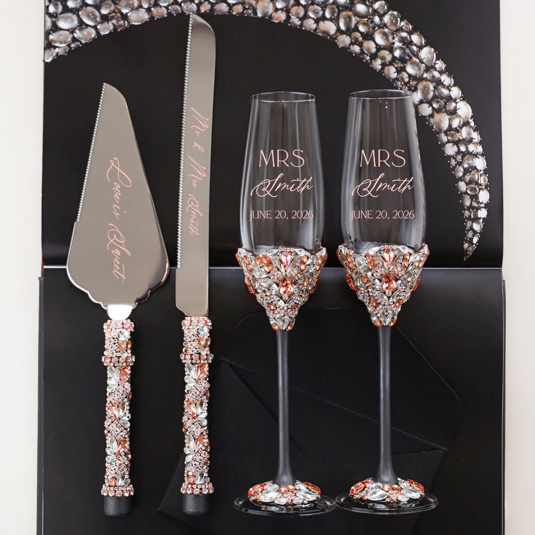 Wedding Glasses with Cake Set Blossom Black & Rose - ELENA HONCH