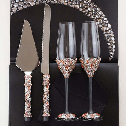 Wedding Glasses with Cake Set Blossom Black &amp; Rose - ELENA HONCH