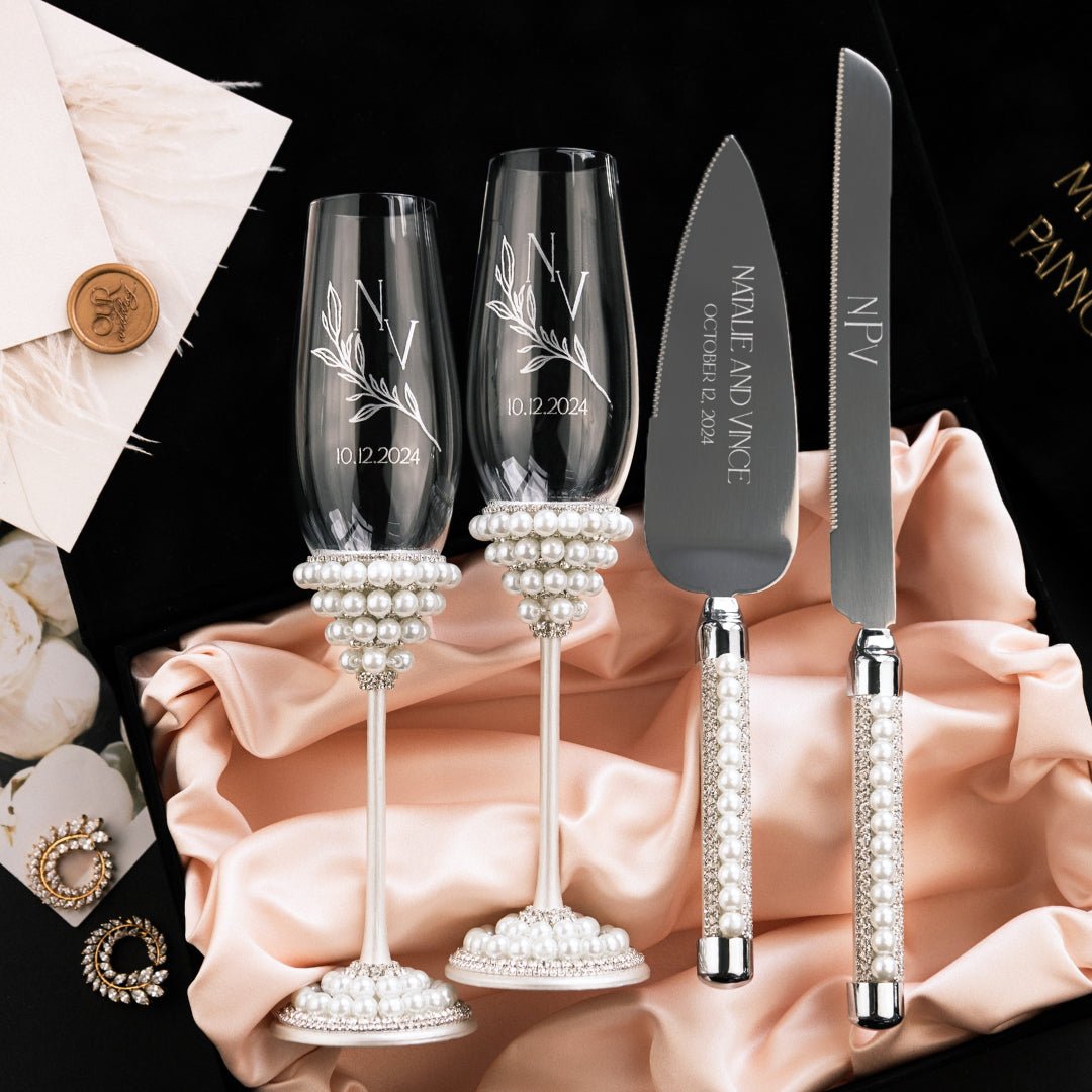White Margaret Crystal Flutes &amp; Cake Server set - ELENA HONCH