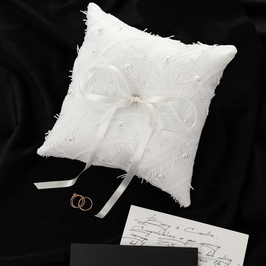 White Wedding Pillow For Rings With White Pearls - ELENA HONCH