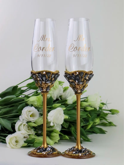 Flower Flutes With Black &amp; Gold Crystals