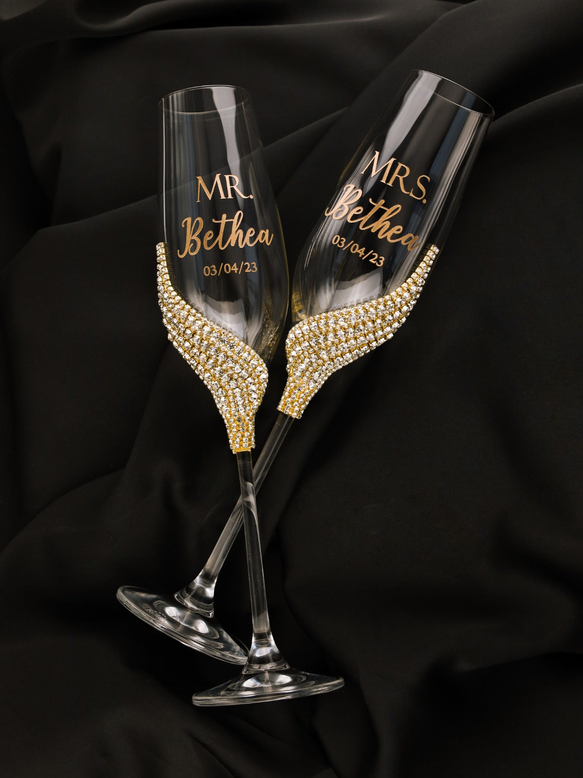 Champagne Flutes Set of 2 Emerald Green and Gold Wedding