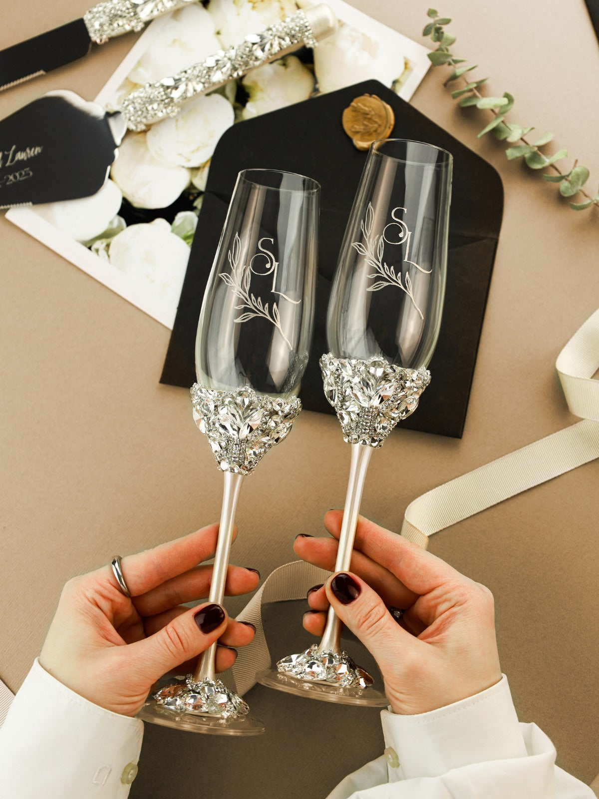 Sage Green and Gold Wedding Champagne Flutes Crystal and Pearl