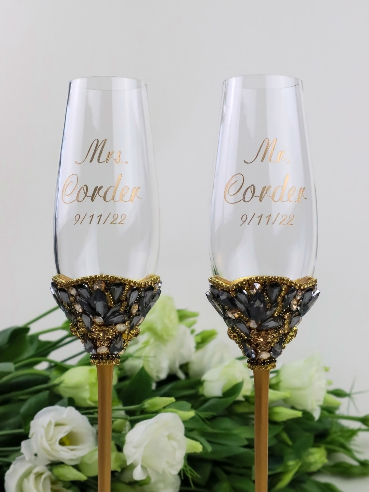Flower Flutes With Black &amp; Gold Crystals